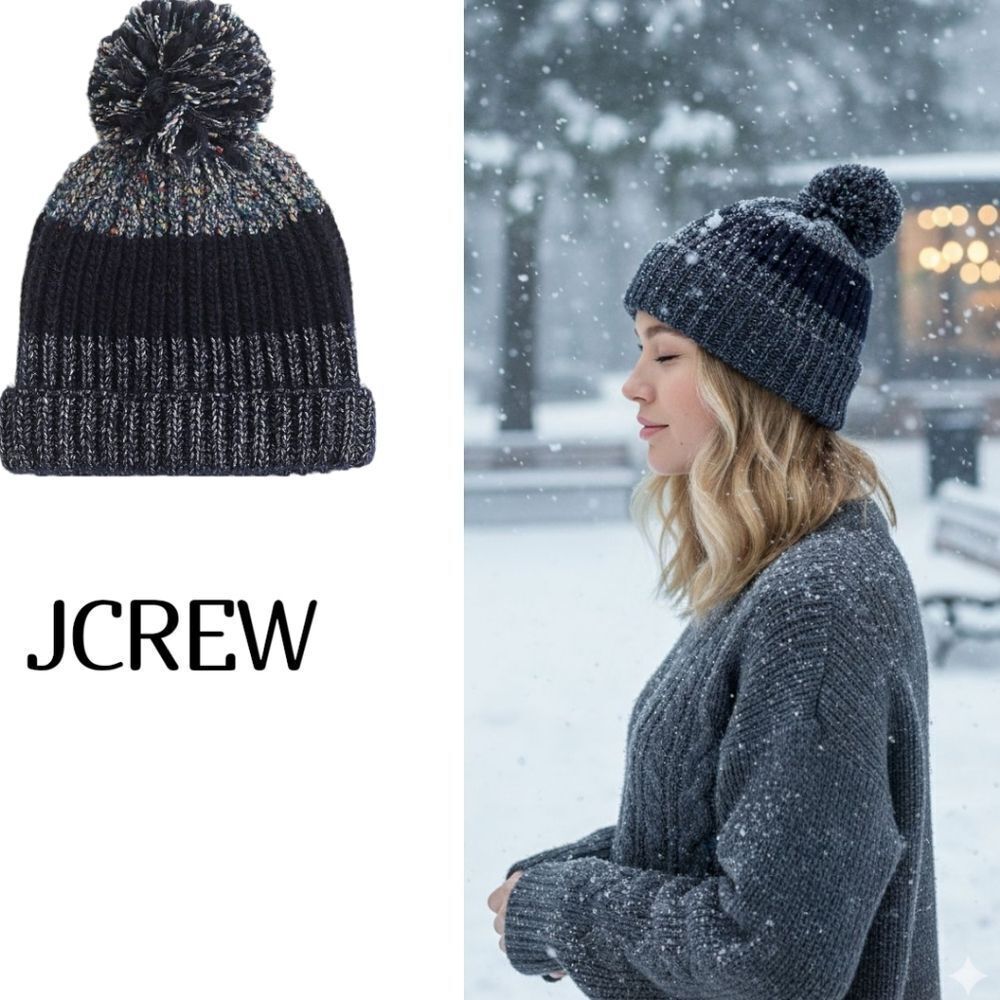 Jcrew cozy rib knit metallic navy  Wool alpaca Blend Beanie Pom Pom Hat